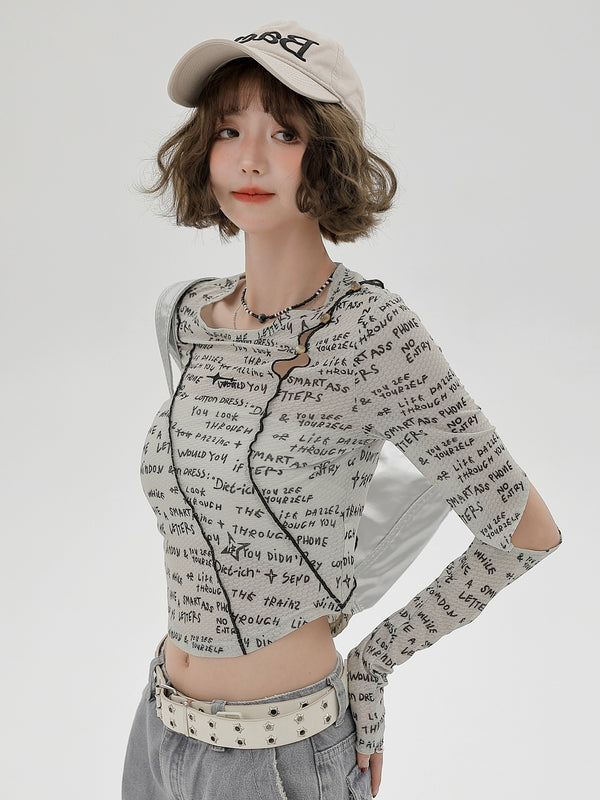 レタープリントスプリットスリーブショートスリムトップス