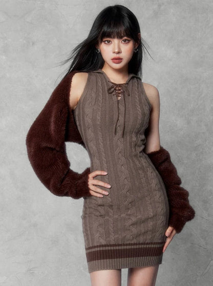 Pure Desai Gurley Atmosfia Far Knit Short Cardigan & Twistenit Dress Two Piece Suit