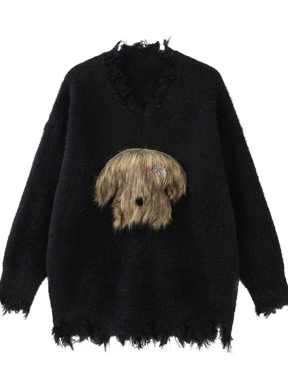Little Dog Lazy Style Loose Pullover Black Knit