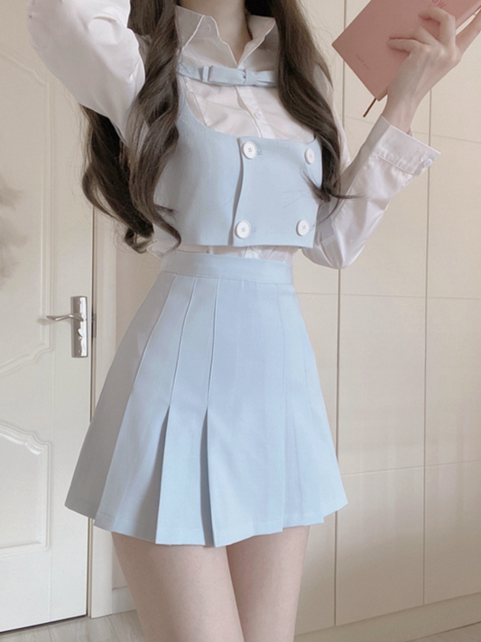 Frill blouse + front ribbon vest + skirt setup