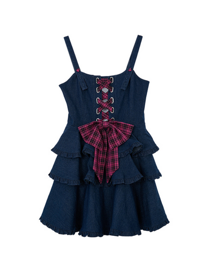 Check lace-up tiered sass dress