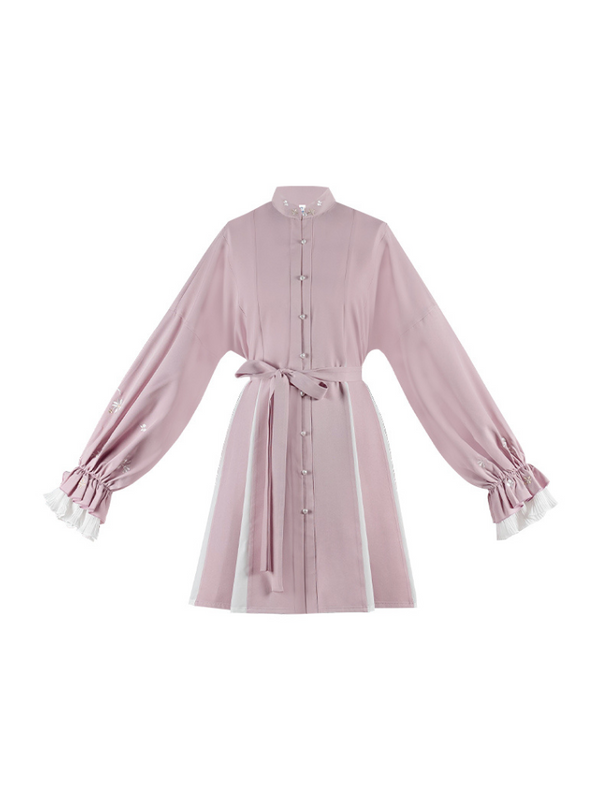 チャイナテイストボリュームスリーブフラワーエンブロイダリースイートワンピース