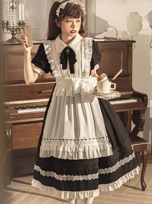 Front Ribbon Lantern Long-Sleeve Maid Dress + Ruffleed Big Ribbon Apro Belchic Front Ribbon Lantern Long-Sleeve Maid Dress + Ruffleed Big Ribbon Apro Belchic