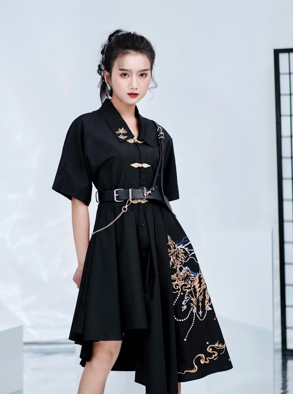 Dragon Embroidery Chinese-Style Asymmetric Dress Belchic Dragon Embroidery Chinese-Style Asymmetric Dress Belchic