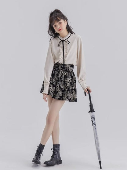 Lace Frill Ribbon Blouse + Flower Jacquard Skirt