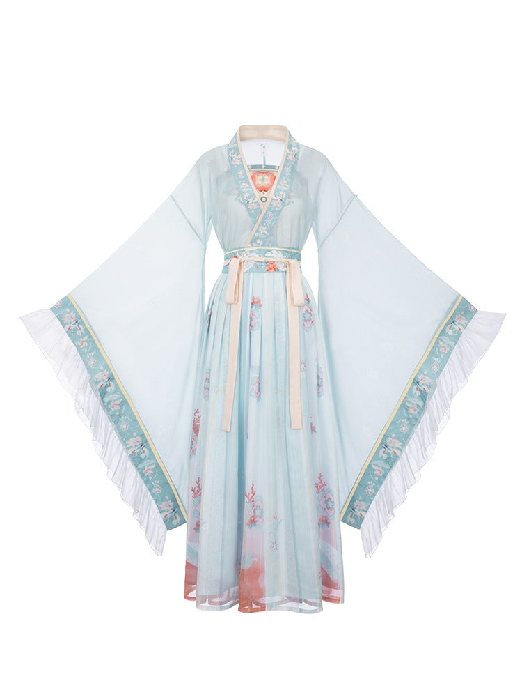 日式图案中国仙子薄纱套装 + 羽毛袖子
