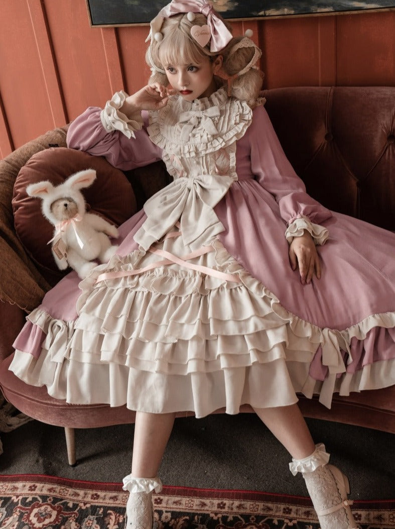 Frill Stand Collar Ribbon Tiered Princess Dress