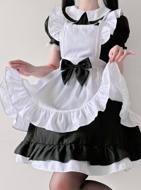 リボン付き2wayスリーブメイドドレス＋フリルエプロン - LilyBlack