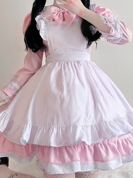 リボン付き2wayスリーブメイドドレス＋フリルエプロン - LilyBlack