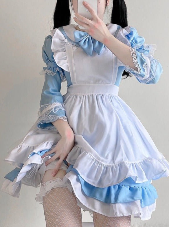 リボン付き2wayスリーブメイドドレス＋フリルエプロン - LilyBlack