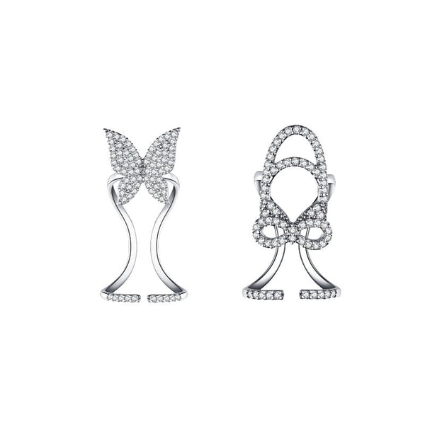 バタフライ&ネイルリボンファランジリング＋ジュエルリボンリング３点セット - LilyBlack