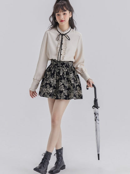 Lace Frill Ribbon Blouse + Flower Jacquard Skirt