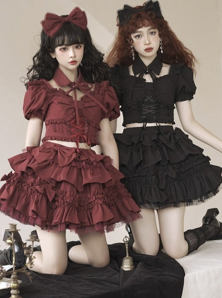 false collar + ribbon ruffle lace-up top + tiered ribbon volume skirt/ribbon catsuit