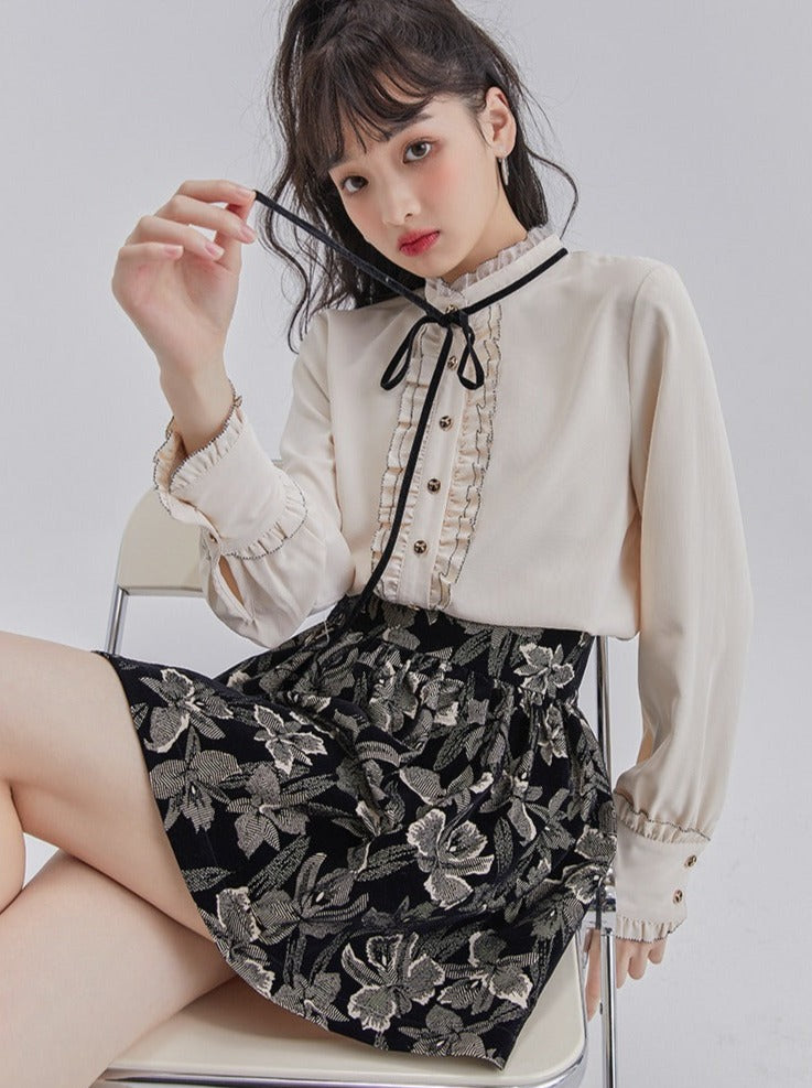 Lace Frill Ribbon Blouse + Flower Jacquard Skirt