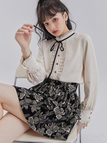 Lace Frill Ribbon Blouse + Flower Jacquard Skirt