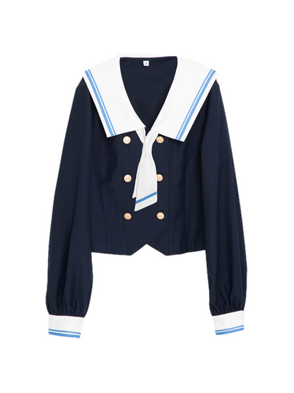 Long sleeve sailor top with tie + short sleeve sailor top with tie + pleated skirt
