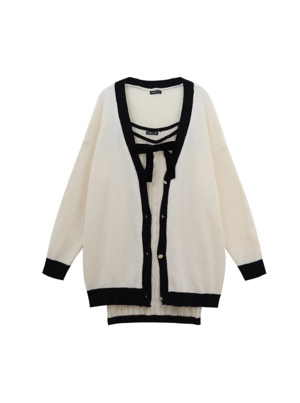 Color scholarship color knit cardigan + ribbon cable knit dress