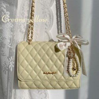 ハートパールチャーム付きダイヤチェーンフラップバッグ - LilyBlack