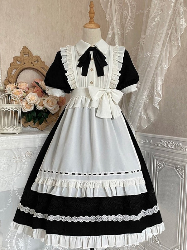 Front ribbon lantern long sleeve maid dress + frill big ribbon apron