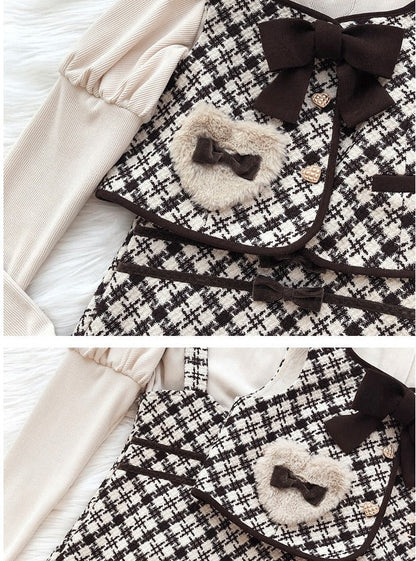 Front ribbon check heart vest + Boa Ribbon Slit Susus skirt