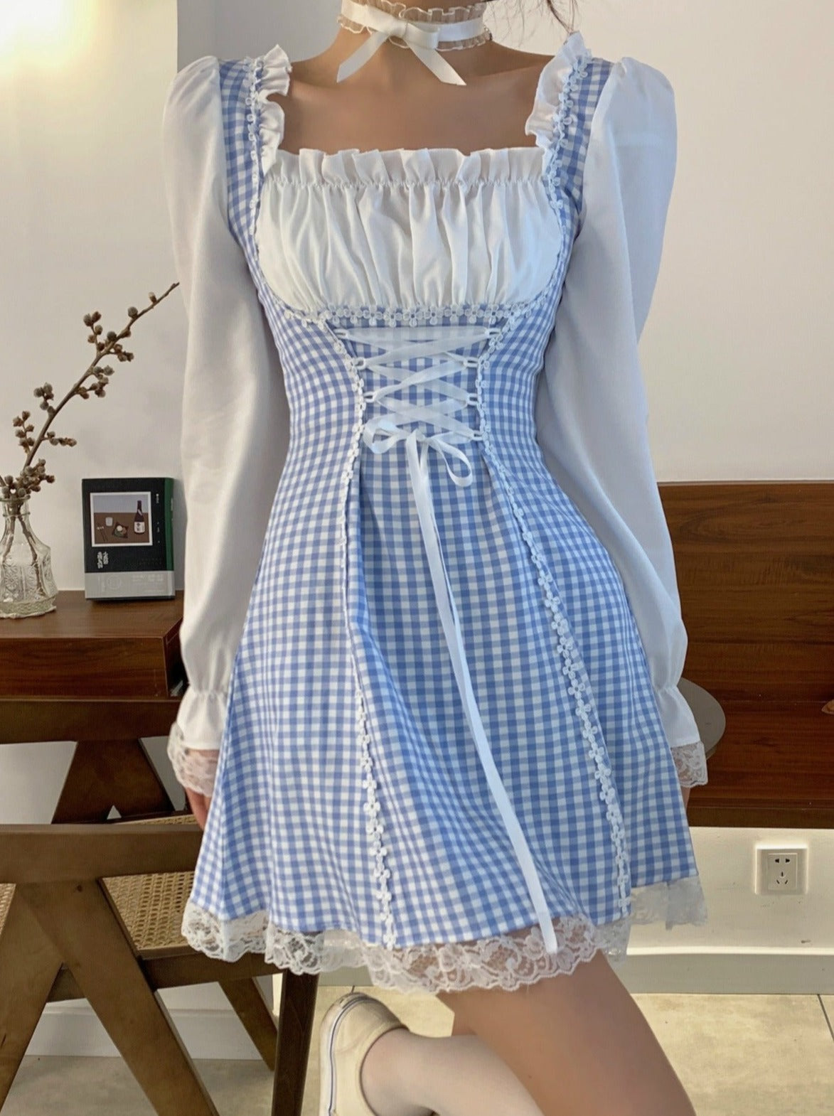 Frillsque Air Neck Check Lace Up French dress