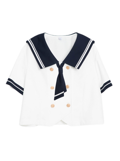 Long sleeve sailor top with tie + short sleeve sailor top with tie + pleated skirt