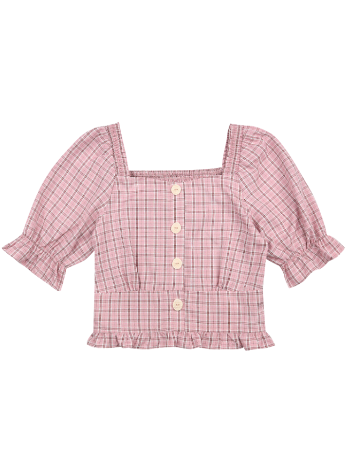 Square neck French check shirt