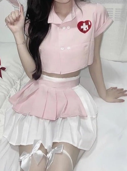 ナース看護師コスプレ十字ハートトップス＋スカート＋カチューシャ＋レッグアクセサリー５点セット - Belchic