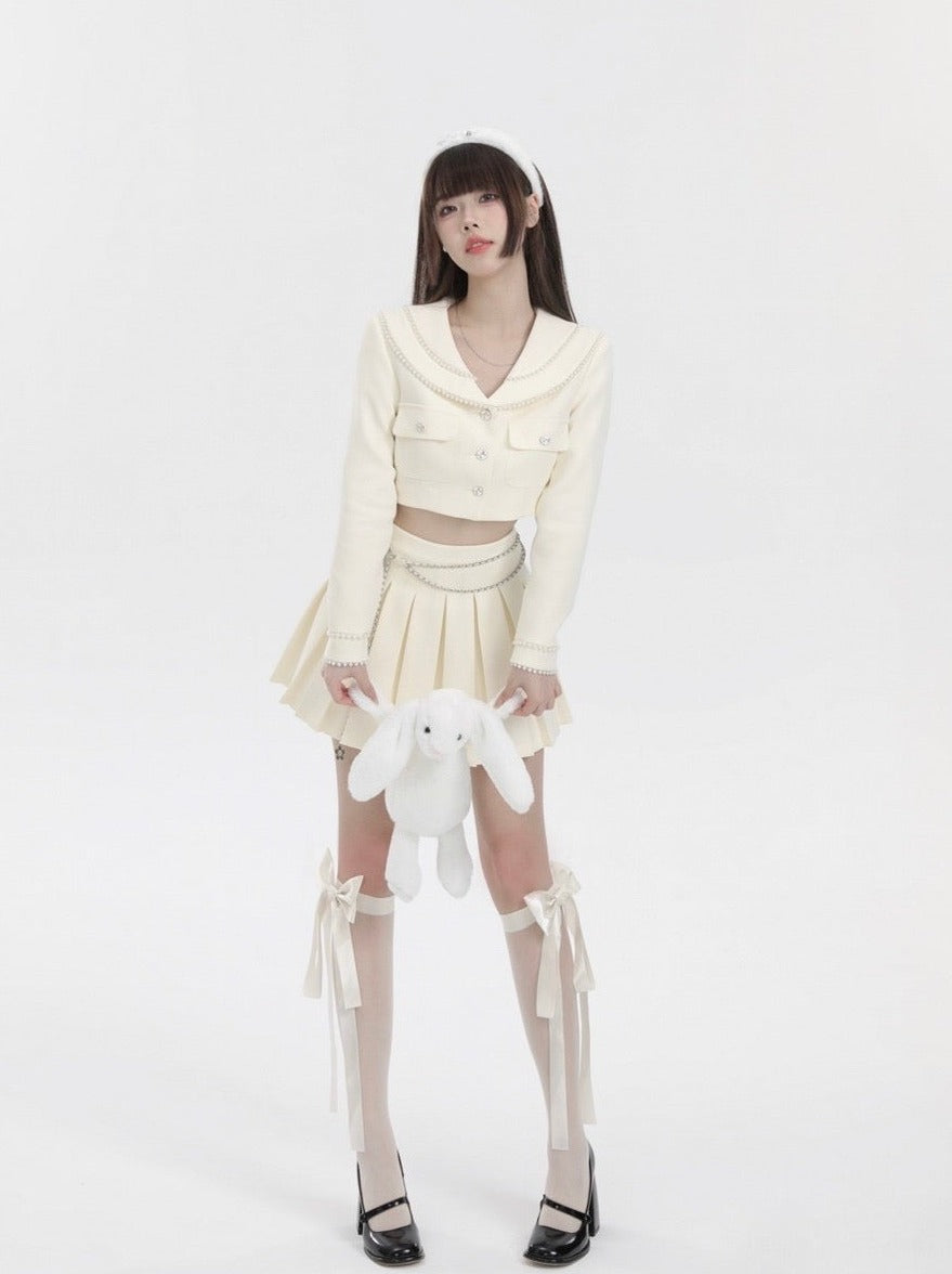 Pearl Double Color Short Jacket + Flower Charm Chain Strap Pleated Skirt