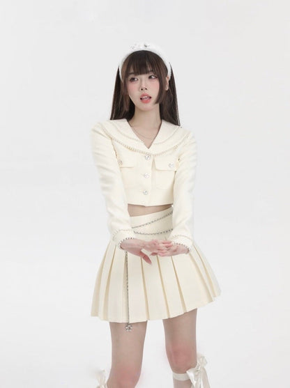 Pearl Double Color Short Jacket + Flower Charm Chain Strap Pleated Skirt