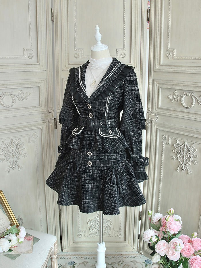 Frill Color Lantern Sleeve Check Tweed Jacket + Riboskart