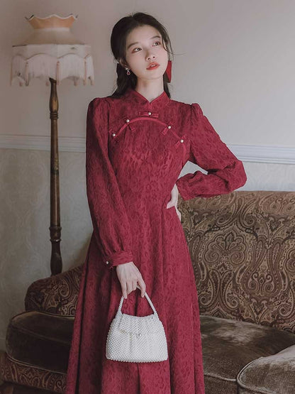 wine red cheongsam dress