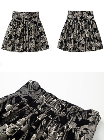 Lace Frill Ribbon Blouse + Flower Jacquard Skirt