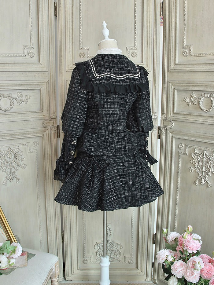 Frill Color Lantern Sleeve Check Tweed Jacket + Riboskart