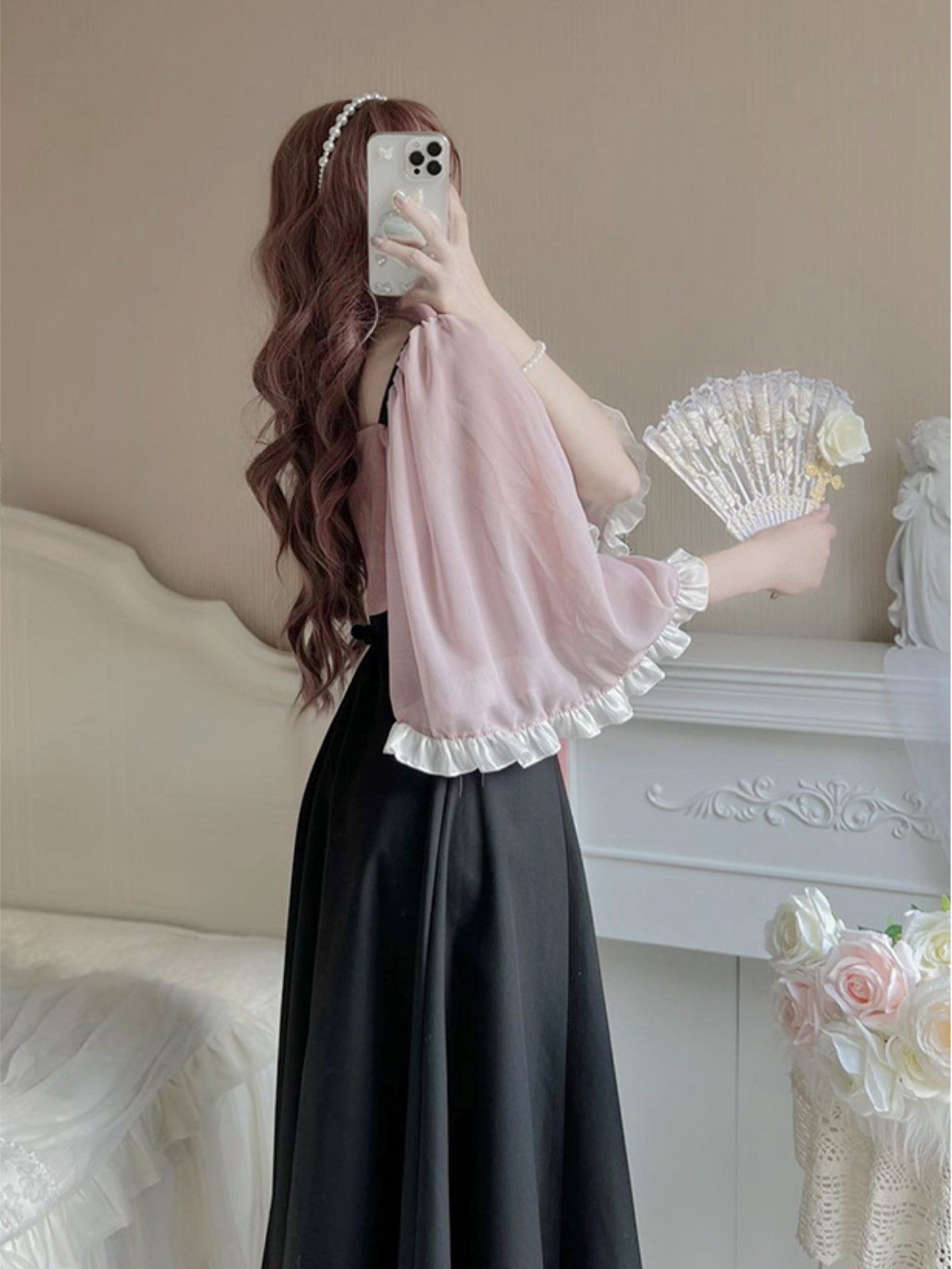 Bell sleeve frill ribbon girly dress with color pearl motif color