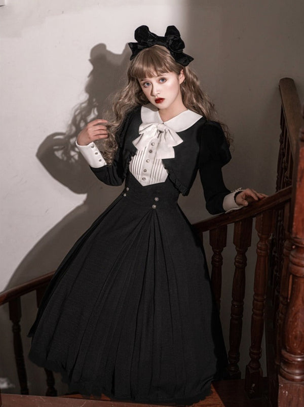 Lantern sleeve frill short jacket with ribbon + back ribbon suspension dress