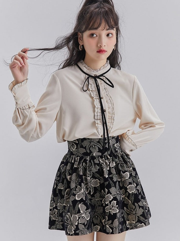 Lace Frill Ribbon Blouse + Flower Jacquard Skirt