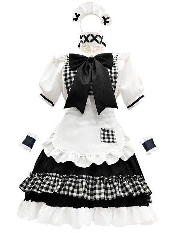 チェックワンピース＋メイドエプロン＋ヘアアクセサリー＋ヘアバンド＋アームバンド＋リボン６点セット - Belchic