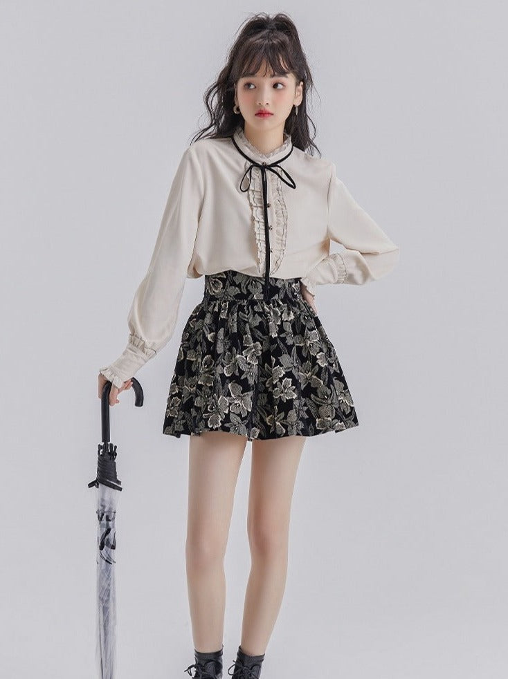 Lace Frill Ribbon Blouse + Flower Jacquard Skirt