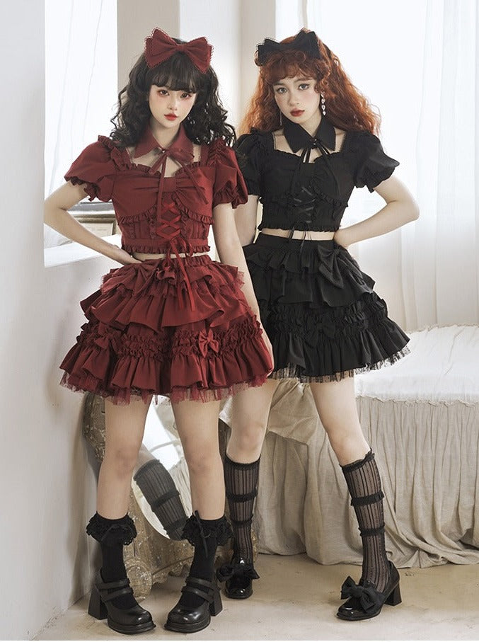 false collar + ribbon ruffle lace-up top + tiered ribbon volume skirt/ribbon catsuit