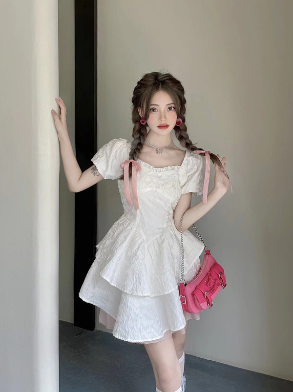 Square Neck Puff Sleeve Back Race Up Tea Dress