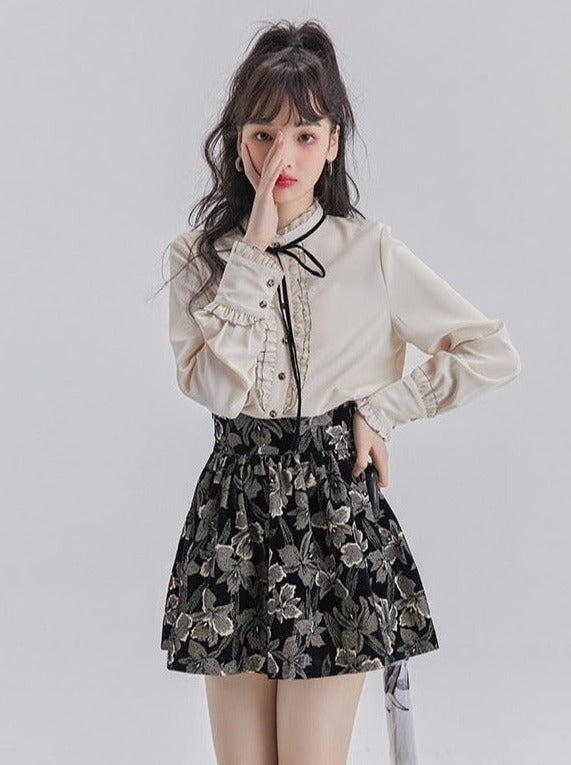 Lace Frill Ribbon Blouse + Flower Jacquard Skirt