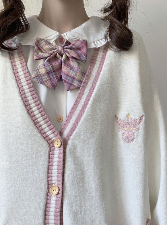 Double pocket ribbon V neckline knit cardigan