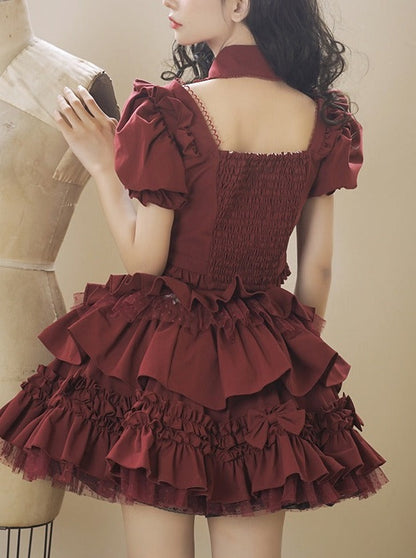 false collar + ribbon ruffle lace-up top + tiered ribbon volume skirt/ribbon catsuit