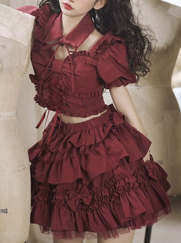 false collar + ribbon ruffle lace-up top + tiered ribbon volume skirt/ribbon catsuit