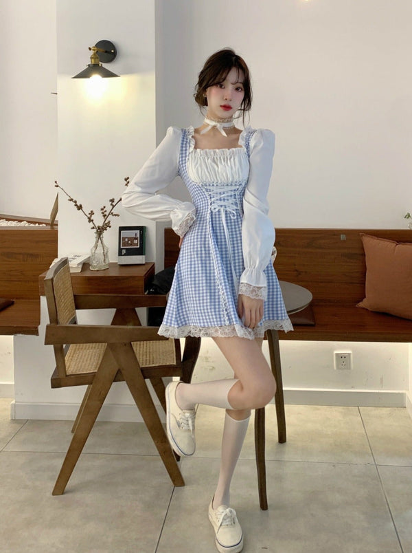 Frillsque Air Neck Check Lace Up French dress