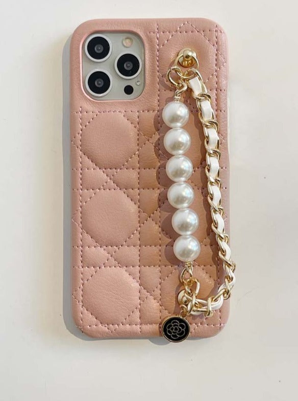 パールチェーンブラックピンクスマホケース