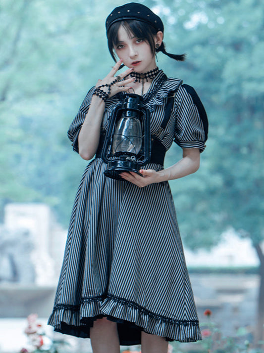 Steam Continental Retro Striped Puff Sleeve Dark Gothic Dress