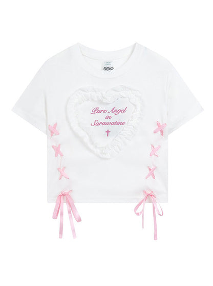 Love Lace Edge Letter Strap T-Shirt