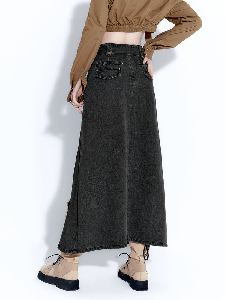 Design High Slit Denim Long Skirt